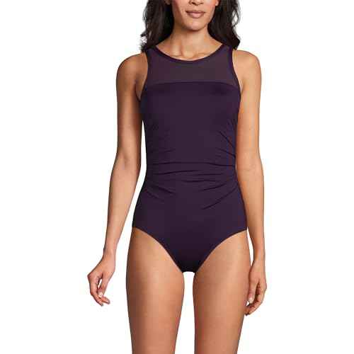Lands' End Women's Chlorine Resistant Smoothing Control Mesh High Neck One Piece Swimsuit 18 BlackBerry