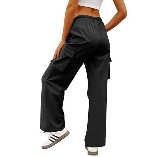 Womens Cargo Pants Elastic Waist Wide Leg Parachute Pants with 4 Pockets Baggy Hiking Trousers Travel Y2K Waterproof