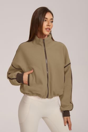 Women Fleece Cropped Full-Zip Jacket with Stand Collar & Pockets - Warm Outerwear