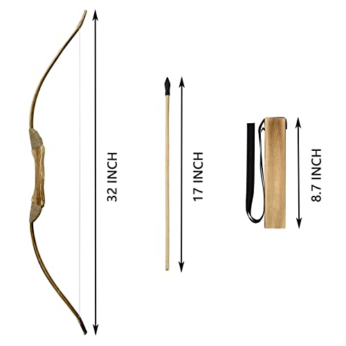 Kids Bow and Arrow Set, 32 Inch Archery Set Handmade Wooden Toy Bow and Arrow for Kids 4-6 8-12, Cosplay Game Costume Prop Play, 1 Bows 1 Quivers and 10 Wood Arrows, Gifts for Youth Boys & Girls