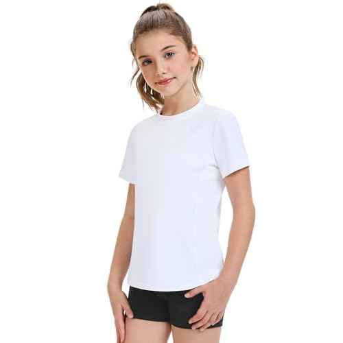 HASMES Girls Athletic Shirts Short Sleeve Active T-Shirts,Basic Tee Tops,Sports Activewear for Kids Teens