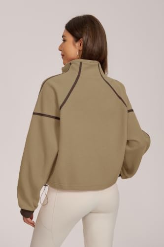 Women Fleece Cropped Full-Zip Jacket with Stand Collar & Pockets - Warm Outerwear