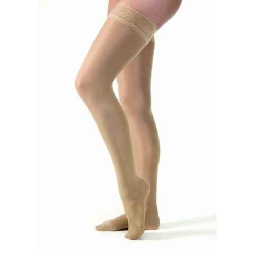 JOBST UltraSheer Thigh High with Lace Silicone Top Band, 15-20 mmHg Compression Stockings, Closed Toe, Medium Petite, Natural