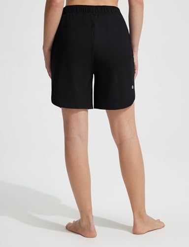 Women’s High Waisted Long Board Shorts - Black, Large, Quick Dry, Pockets