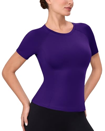 Women's Compression Shirt Short Sleeve Workout Top - Purple, Large - Athletic Baselayer for Running Yoga Gym