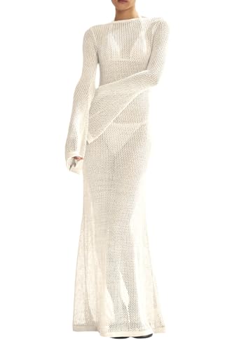 Saodimallsu Women's Crochet Cover Up - Long Sleeve Mesh Backless Maxi Dress, Beige, Small