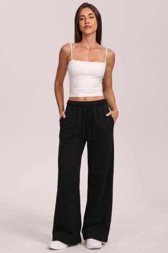 Women's Flare Wide Leg Sweatpants - Fleece Lined Lounge Pants Medium Black