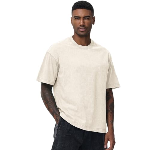 Men's Oversized Cotton T-Shirt - Loose Fit Vintage Washed Casual Top - Large Beige+Coffe+Black