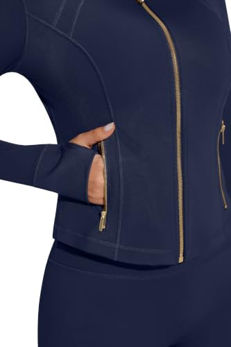 Women 2 Piece Workout Sets with Gold Full Zip Up Jackets & High-Waisted Leggings - Small/Navy Blue