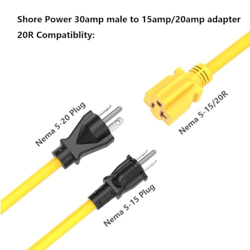 15FT Marine Shore Power Extension Cord - NEMA L5-30P to 5-20R Heavy Duty
