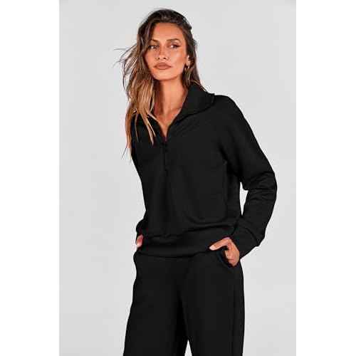 PRETTYGARDEN Women's 2 Piece Outfits Casual Lapel Half Zip Sweatshirts and Wide Leg Pants Tracksuit Sets