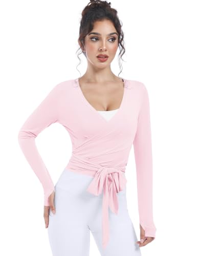 Women’s Ballet Wrap Top Long Sleeve Dance Shirt with Thumbholes - Small Pink