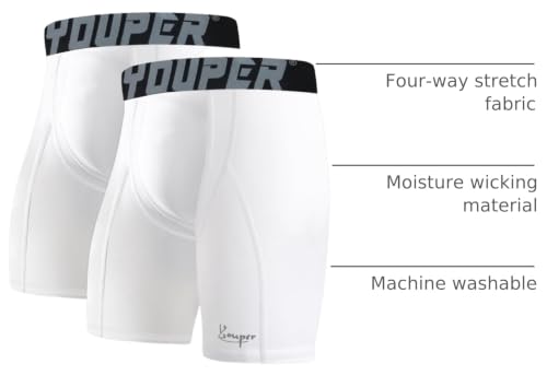 Youper Adult Compression Shorts with Cup Pocket - Medium White, Athletic Supporter for Baseball & Football
