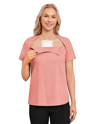 Chemo Port Access Shirt for Women with Hidden Side Zippers - Short Sleeve Post Surgery Top - Tangerine Pink, Large