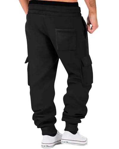 Men's Black Large Fleece Cargo Sweatpants - Cotton Tapered Joggers for Casual & Workout