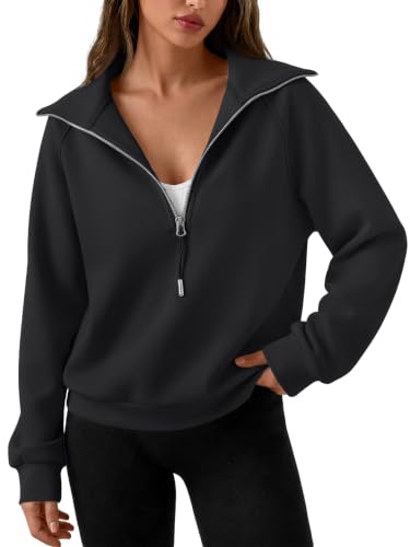 Trendy Queen Womens Oversized Quarter Zip Sweatshirt Cropped Pullover – Black (Medium)