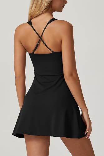 Women's Square Neck Tennis Dress Medium Black with Built-In Shorts & Pockets