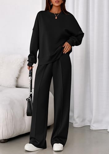 PRETTYGARDEN Women's Long Sleeve Sweatshirt 2-Piece Set Large Black