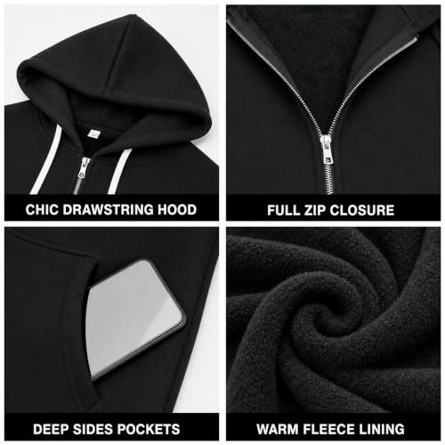 Women's Black Large Zip Up Fleece Hoodie with Pockets - Cozy Long Sweatshirt