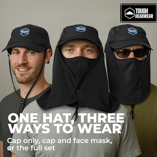 Tough Headwear Fishing Cap with Face Mask & Neck Flap - Black - Sun Protection UPF 50