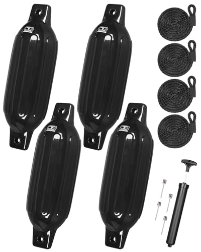 Inflatable Boat Fenders 4 Pack Black 4.6 x 16 Inches with Ropes & Pump