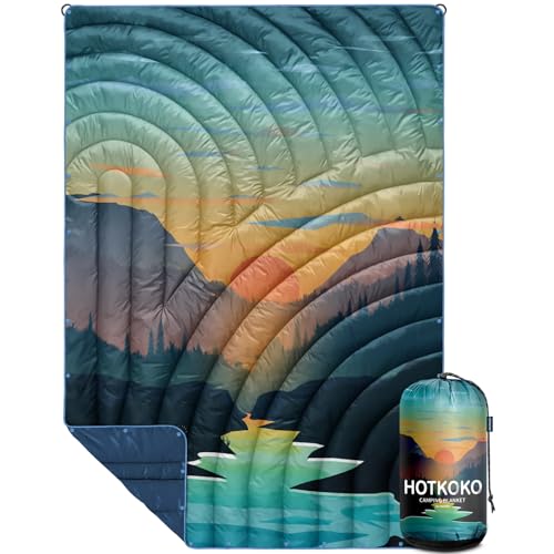 Puffy Camping Blanket - Large 52x75 Inch Outdoor Quilt with Waterproof Coating - Sunset Variation