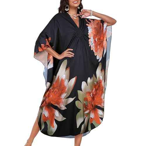 Kaftan Dresses for Women V Neck Caftans Long Batwing Sleeve Beach Cover Ups Summer Floral Print Dress
