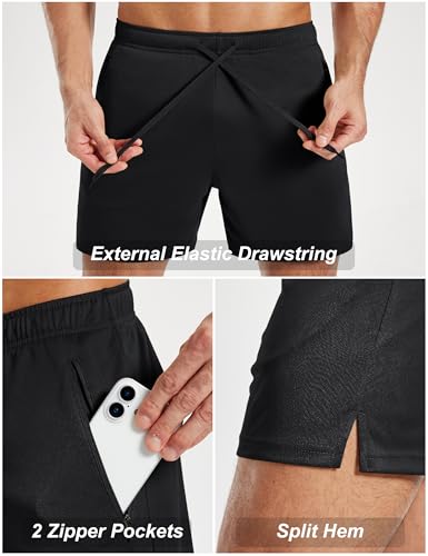 Men's 5-Inch Athletic Gym Shorts with Mesh Zipper Pocket - Quick Dry, Medium Black
