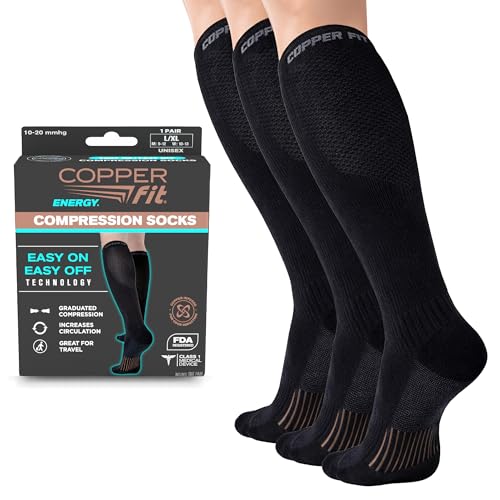 Copper Fit Energy Compression Socks 3 Pack LXL Black - Circulation & Swelling Relief for Travel, Running & Recovery