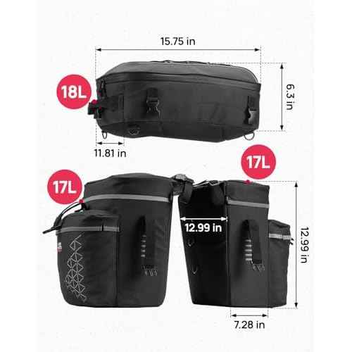 KEMIMOTO Bicycle Panniers Combo 3-in-1, Bike Saddle Grocery Bag with Waterproof Rain Cover, 52L Large Capacity Storage Cargo Cycling Backpack, Mountain Road E-bike Trunk Bag, Black