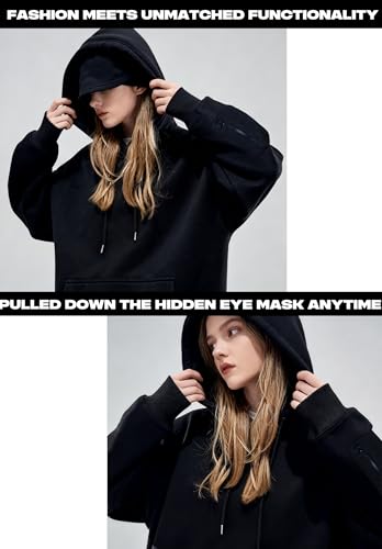 Unisex Travel Hoodie with Eye Mask - Large Black Fleece Sweatshirt for Fall Winter