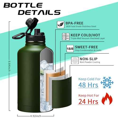64oz Insulated Water Bottle with Straw & Auto Spout Lid - (Cold 48H & Hot 24H) Half Gallon Stainless Steel Water Jug with Paracord Handle, Metal Tactical Military Water Flask with Carrier Strap Bag