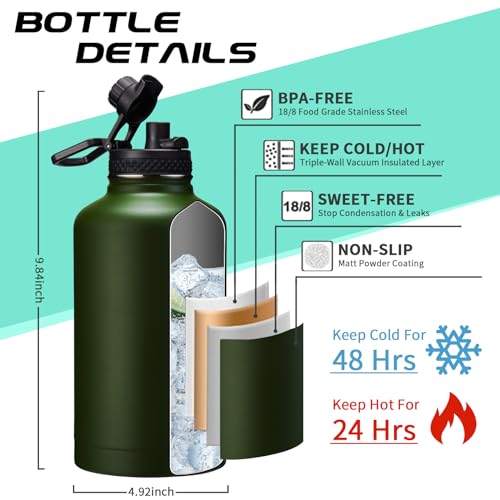 Army Green 64oz Insulated Water Bottle with Straw & Auto Spout Lid - Half Gallon Stainless Steel Hydration Jug with Paracord Handle