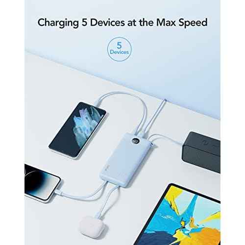 VRURC 10000mAh Power Bank Built-in Cables, Portable Charger with LED Display, Slim Travel Battery Pack with Cords, 5 Output Dual Input Phone Charger for Cell Phone Smart Devcies-Blue(1 Pack)