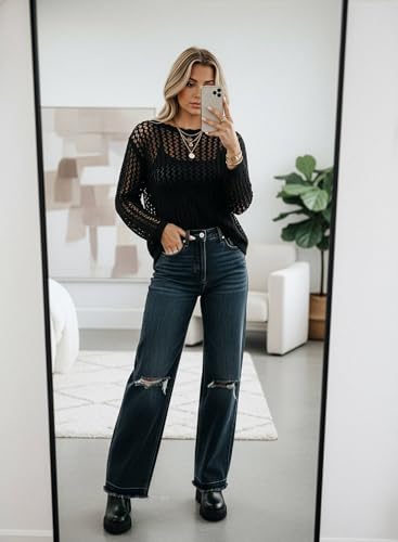 EVALESS Long Sleeve Crochet Top for Women Hollow Out Knit Sweater Small Black