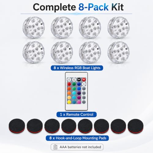 Wireless Waterproof RGB Marine LED Boat Lights - 8 Pack, Remote Control