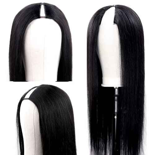 180% Density V Part Wig Human Hair with Drawstring Straight Brazilian Virgin Glueless Wig Human Hair for Black Women Upgrade U Part Wigs Full Head Clip In Half Wig No Leave Out Natural Color 8 Inch