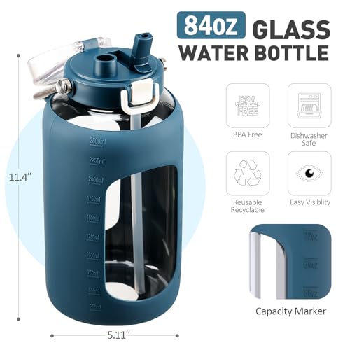 84oz Glass Water Bottle with Dual-Purpose Lid and Silicone Handle - Dark Blue