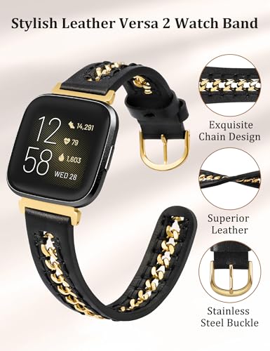 Leather Watch Band Compatible with Fitbit Versa 2 and Versa Lite - Dressy Premium Strap with Stainless Steel Chain