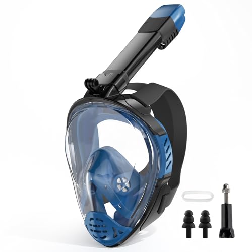 Full Face Snorkel Mask for Adults, 180° Panoramic View, Dry Top, Detachable Camera Mount - Blue Large-X-Large