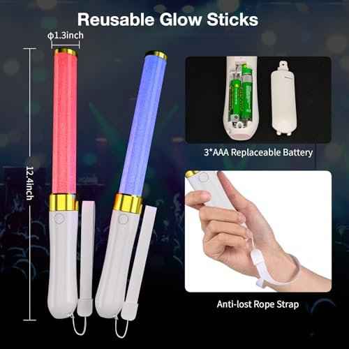 2 Pack LED Light Sticks-15 Colors Reusable Glow Sticks, Glow Party Supplies for Wedding, Birthday, Raves, Halloween, Christmas, New Year, with AAA Battery