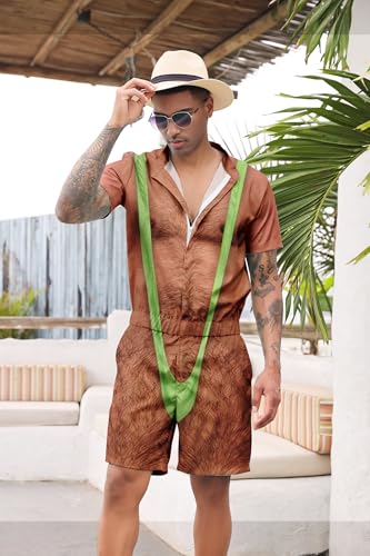 Mens Romper Zipper Shorts Sleeve One Piece Outfit Large - Hariy Chest B02