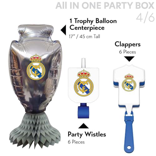 Real Madrid Soccer Team Party Supply Set - 77 Pieces for 6 Fans, White, Birthday & Match Day Decorations