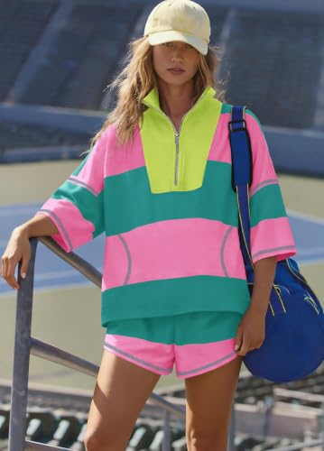 Yanekop Women's Striped Workout Set Two-Piece Lounge Athleisure Set - Hot Pink & Green, Medium