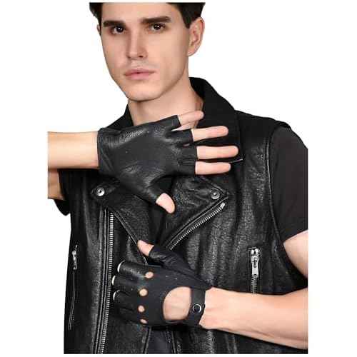 GSG Men Fingerless Gloves Driving Leather Cycling Half Finger Motorcycle Unlined Gloves for Cycling