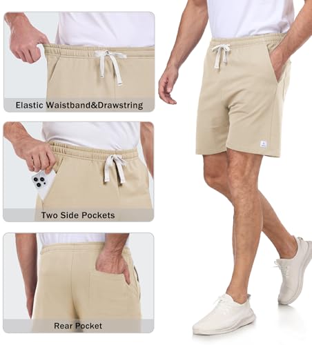 Mens Cotton Sweat Shorts Lounge Casual 7 Inch - XX-Large Beige Drawstring Elastic Waist