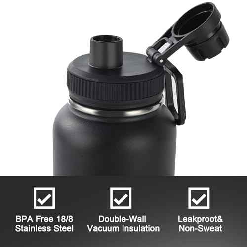 Navigate 32 oz Insulated Stainless Steel Sports Water Bottle with Spout & Handle Lids,Wide Mouth Water Jug with Double Walled Leak Proof Keep Cold for 24 Hrs Hot for 12 Hrs,Black