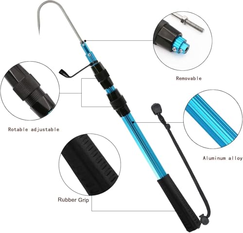 SANLIKE Telescopic Fishing Gaff Aluminum Pole Stainless Steel Hook - Blue, 55 Inch