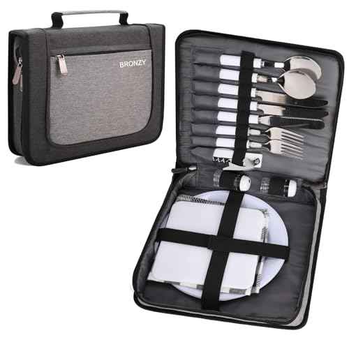 BRONZY Picnic Set Camping Cutlery Organizer Dinnerware Set - Mess Kit,Portable Eating Set with Plates,Spoons,Knives,Wine Opener,Forks,Napkinsc (16pcs/24pcs)