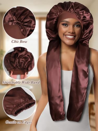 2pcs Satin Pantyhose Bonnet for Braids - Black & Coffee, Long Hair Sleep Cap